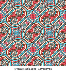 beautiful natural abstract retro pattern with pink flowers and blue swirls leaves. vector illustration