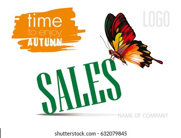 Beautiful natural Autumn sales advertisement. Delicate realistic butterfly on white background. Vector design artwork for the invitation, advertising, advertisement, postcard, card, poster or banner.