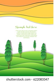 Beautiful natural background and banner pine forest at sunset, paper cut style