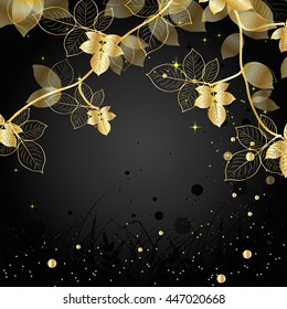 Beautiful natural background with silhouette of branch. Gold illustration on dark background.