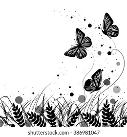 Beautiful natural background with silhouettes of grass and butterflies. Vector illustration in black and white style.