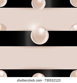 Beautiful, natural, beige, realistic pearls with dew water drops, sparkle and shine on black silk ribbons zebra and elegant soft beige background. Vector seamless pattern