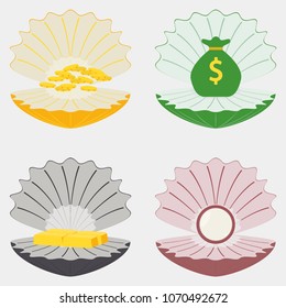 Beautiful natural color set open pearl shell. Bagful gold bar coins vector