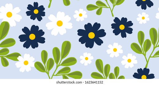 beautiful natural daisy and leaf seamless pattern with pastel background color 