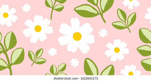 beautiful natural daisy and leaf seamless pattern with pastel background color 