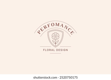 Beautiful natural flower in shield line art logo design template for beauty salon vector illustration. Elegant floral with petals and leaf botanical linear logotype for gardening florist salon