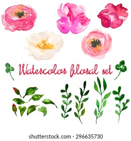 Beautiful Natural Hand Drawn Watercolor Floral Set With Pink, White And Purple Flowers, Leaves And Brunch, Isolated On White Background. Vector Clip Art Illustration.