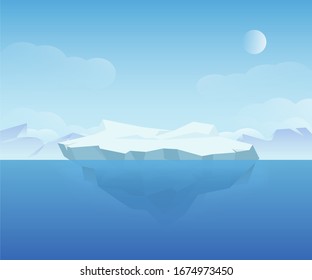 Beautiful natural ice landscape vector graphic illustration. Clear blue sea water with snowy mountain at horizon graphic design. Amazing polar north nature scenery
