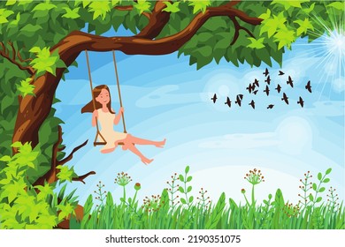 Beautiful natural landscape art illustration,Girl,bird, sky and trees vector.