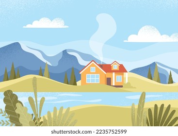 Hermoso paisaje natural. Campo y pueblo. Montañas y río, afiche o cartel para el sitio web. Temporada de primavera o verano. Montañas en el fondo del horizonte. Dibujo vectorial plano de dibujos animados