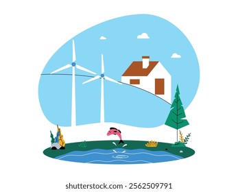 Beautiful natural landscape, a house is located on a small hill with two windmills, there is a lake with a fish jumping out of the water, also green plants and flowers, ecosystem vector illustration.