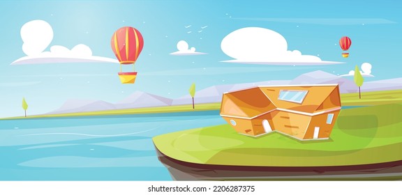 Beautiful natural landscape with house ,river and hot balloon.