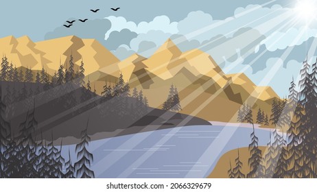 Schöne Naturlandschaft. Ein See unter den Hochbänken mit Nadelbäumen auf dem Hintergrund der Berge, der Himmel mit der Sonne, Wolken, Silhouetten von fliegenden Vögeln. Vektorgrafik.