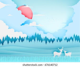 Beautiful natural landscape paper art style with stunning cloud background and pastel color scheme vector illustration