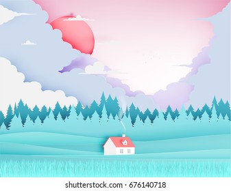 Beautiful natural landscape paper art style with stunning cloud background and pastel color scheme vector illustration