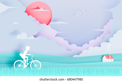 Beautiful natural landscape paper art style with stunning cloud background and pastel color scheme vector illustration