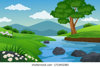 Beautiful natural landscape with pond and meadow