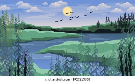 beautiful natural landscape. the river flows among the hilly banks with coniferous trees against the sky with the sun, clouds, silhouettes of flying birds. vector 