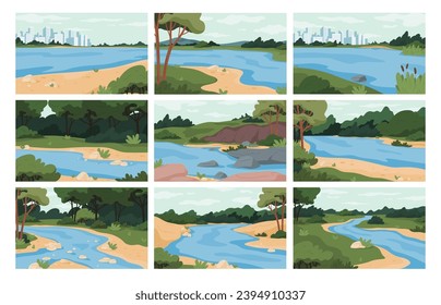 Beautiful natural landscape with a river. Summer river with trees and greenery. Beautiful nature. Vector illustration