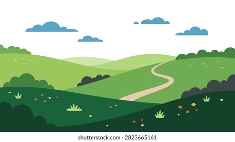 Beautiful natural landscape with rolling green hills, a winding dirt path, scattered flowers, and a clear sky with cartoon clouds.