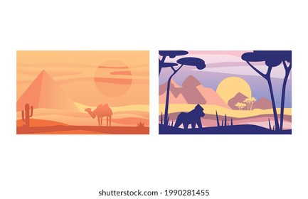 Beautiful Natural Landscape Set, Tropical Scenery with Wild Animals, Exotic Savanna Inhabitants, African National Park Vector Illustration