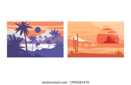 Beautiful Natural Landscape Set, Tropical Scenery with Flamingo and Camels Wild Inhabitants Exotic Savanna Inhabitants, African National Park Vector Illustration