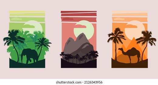 Beautiful Natural Landscape Set, Tropical Scenery with Wild Animals, Exotic Savanna Inhabitants, African National Park Vector Illustration EPS