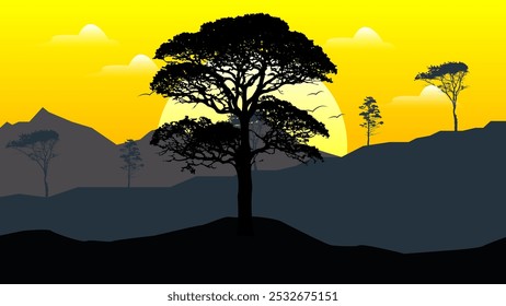Beautiful natural landscape with silhouettes of trees and mountains sunsetsunrise, Nature concept