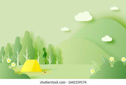 Beautiful natural landscape with tent for spring summer season in paper art style  background and pastel color scheme vector illustration