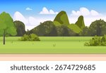 Beautiful natural landscape with a walking path, trees, green grass, bushes, and white clouds in a blue sky. A public park. Vector Not AI generated