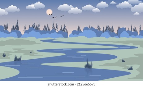 Beautiful natural landscape. A winding river flows among the fields against the background of the forest, the sky with the sun, clouds, silhouettes of flying birds. Vector. 