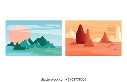Beautiful Natural Landscapes Set, Serenity Scenes of Nature at Sunlight, Poster, Card, Banner Design Element Cartoon Vector Illustration