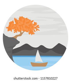 
A beautiful natural mountain landscape with sea and sun, island icon vector 
