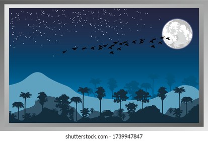 Beautiful Natural Night Sky & Many Stars Above Filed Of Tree With Birds & Amazing Moon Natural Wallpaper. Vector Illustration