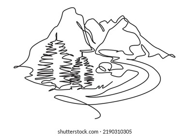 Beautiful natural panorama of high mountains, cypress trees and winding roads of continuous one line drawing. Vector illustration one line design of mountains, fir trees and a beautiful winding road.