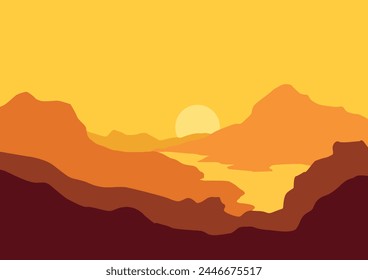 Beautiful natural panorama with river. Vector illustration in flat style.