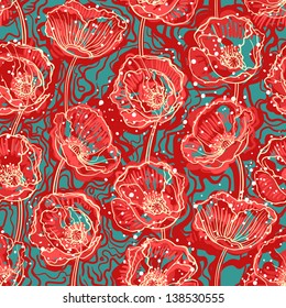beautiful natural pattern with abstract poppies on a turquoise background. vector illustration 