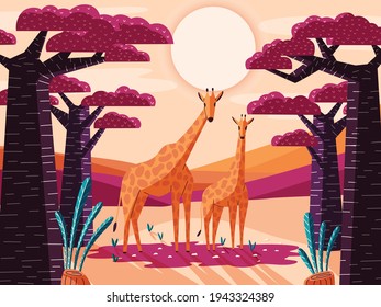 Beautiful natural savannah landscape with giraffes and baobab trees. Panoramic colorful illustration with wild animals. Exotic scenery of African nature.