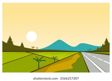 Beautiful natural scenery illustration of rice fields and highways next to them with mountains in the background under the setting sun. Suitable for background, wall decoration and screen display.