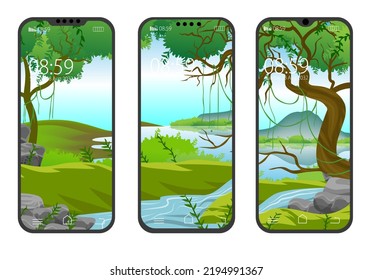 Beautiful natural scenery in the morning by the forest near the lake, suitable for illustration designs, backgrounds, wallpapers for cellphones and computers