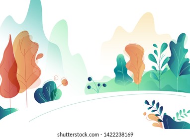 Beautiful natural scenery of mountains, forest and river. Vector illustration