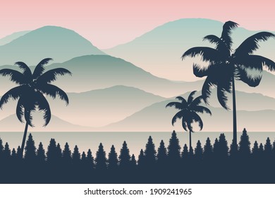 Beautiful natural scenery in silhouettes, beautiful mountains and coconut trees