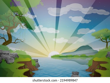 Beautiful natural scenery, sunrise in the morning by the lake, suitable for design illustrations, backgrounds, wallpapers and templates.