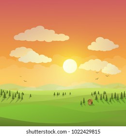Beautiful natural scenery at sunset with trees and barn. Vector Illustration