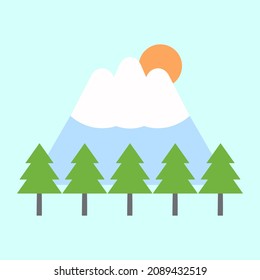 Beautiful natural scenery, trees surrounding mountain, sun shining from behind.