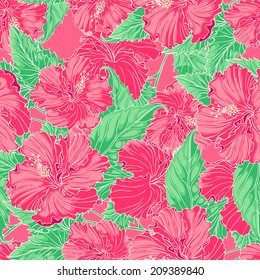 beautiful natural seamless background with pink hibiscus. vector illustration
