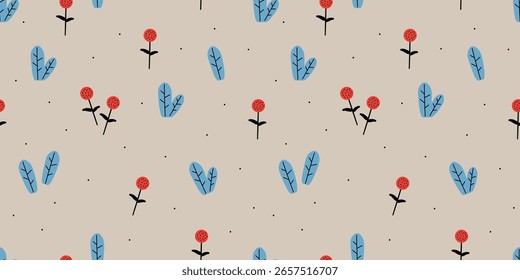Hermoso patrón natural sin fisuras de planta azul y flor roja sobre fondo marrón. Planta ambiental, bosque, prado. Diseño plano. Para Fondo de pantalla, textiles, embalaje, fondos y Sitios web.