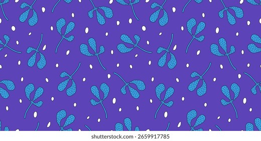 Beautiful natural seamless pattern of  blue plant on  blue background. Environmental plant, forest, meadow, abstract pattern. Flat design. For wallpaper, textiles, packaging, backgrounds and websites.