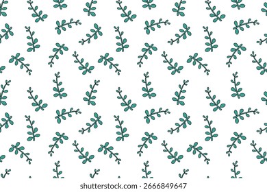 Beautiful natural seamless pattern of  dark green plant on  white background. Abstract environmental plant, forest, meadow. Flat design. For wallpaper, textiles, packaging, backgrounds and websites.