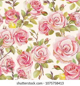 Beautiful natural seamless pattern. Elegance wallpaper with of pink roses. Vintage decorative bouquet. Template for congratulation design, vector illustration